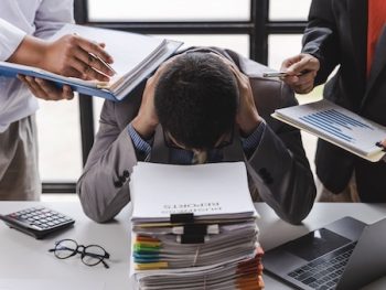 Overworked Sad Businessman With Stack Of Papers, Business People, Deadline, Stress And Paperwork Concept.